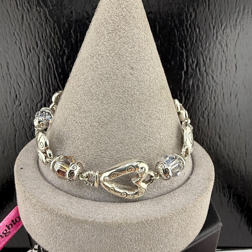 Brighton Heart Charm Bracelet Silver Tone Scroll Crystal 7.5"
